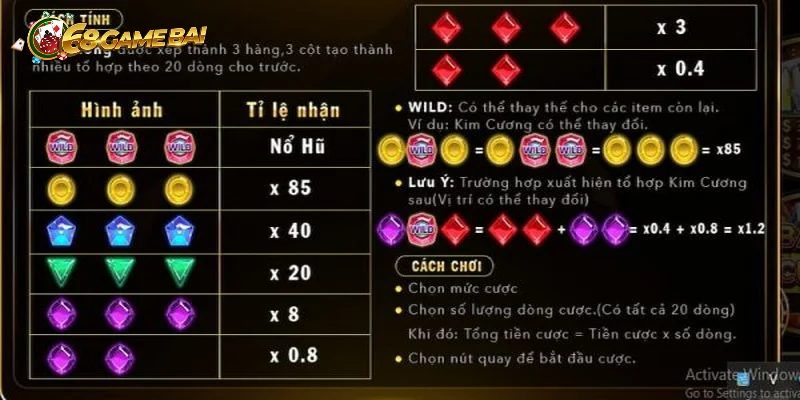 Các biểu tượng trong mini game Kim cương 68 game bài